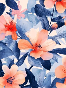 蓝粉花卉水彩图案设计