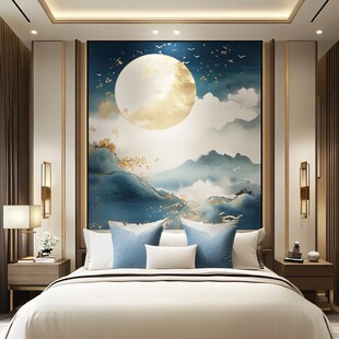 中式卧室的梦幻山水月夜图