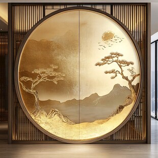 中式圆形山水屏风艺术