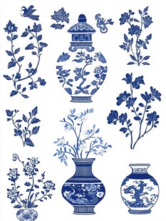 青花瓷瓶花卉图案设计素材