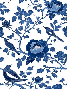 蓝白花鸟中式图案纹饰