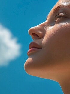 仰脸女子沐浴蓝天之下