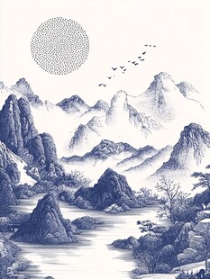 水墨山水间飞鸟伴月图