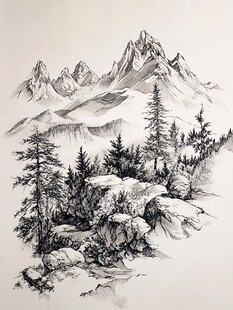 黑白手绘山林景致