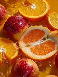 橙与苹果在水中的清新画面