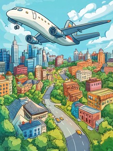 飞机飞越多彩城市景观