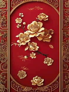 中式金牡丹红底装饰画