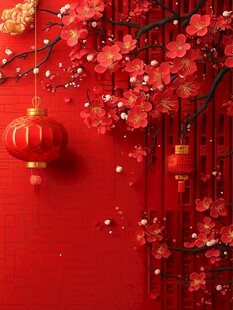 新春红墙下的灯笼梅花景