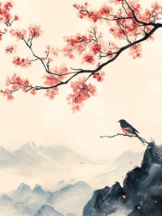 红梅枝头鸟立山川美景