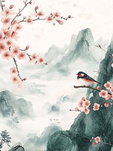 水墨春景中鸟儿栖于花枝