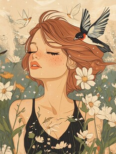 闭眼少女与飞鸟花丛共绘梦