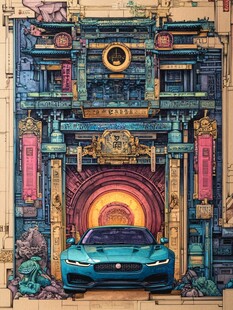 复古中式门前景致与汽车