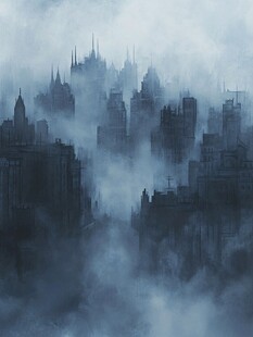 雾中奇幻都市建筑群