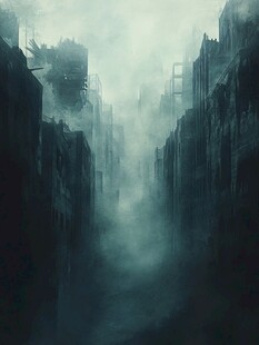 迷雾笼罩的废弃都市景象