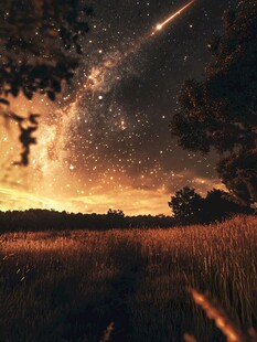 夜空中的流星与田野美景