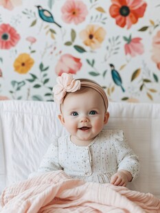 可爱宝宝坐在花墙前微笑