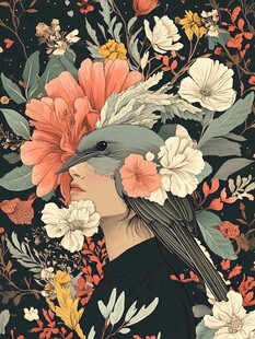 花鸟环绕的神秘梦幻人像