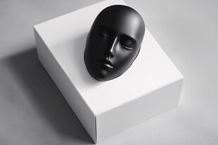 黑色面具静置于白色方块上