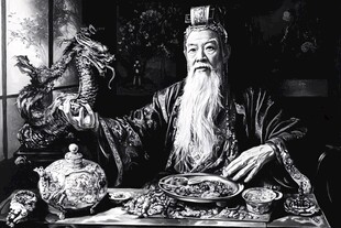 仙风道骨老者与龙的神秘场景