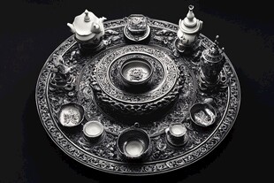 藏式雕花银质茶具组合