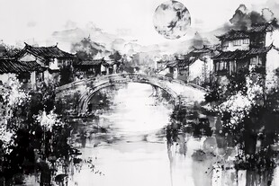 水墨江南月夜桥畔景致