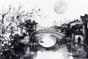 水墨江南月夜桥畔美景