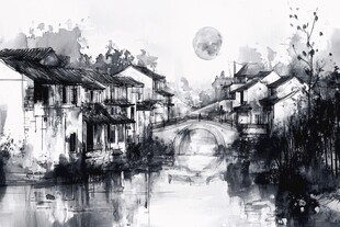 水墨江南月夜水乡图景
