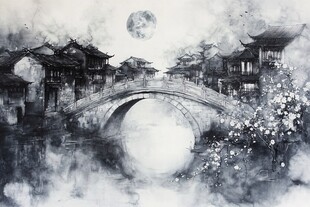 水墨江南月夜桥畔美景