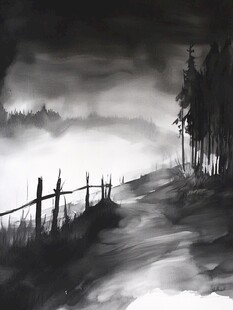 雾中幽径的静谧黑白风景