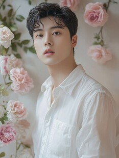 白衣少年置身烂漫花丛中