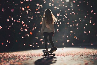 少女滑板漫步于花瓣雨中