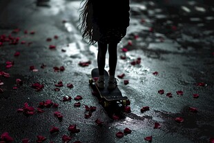 女孩雨中滑板洒落玫瑰花瓣