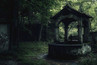 荒废凉亭隐于幽森树林间