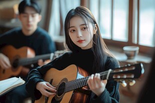 女孩专注弹吉他的美好瞬间