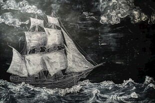 手绘帆船在波涛大海中航行