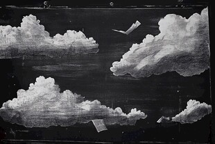 黑白云朵间的纸飞机飞舞