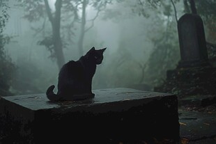 雾中墓地的黑猫