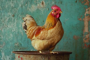 公鸡立于桶上的复古画面