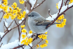 雪枝黄花上的灰色小鸟