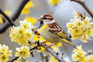 麻雀立于繁花枝头