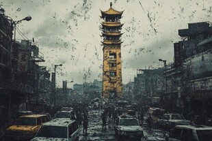 古塔楼矗立喧嚣都市间