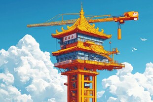 古风塔吊耸立于云海之间