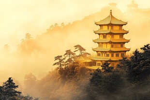 金色古塔映于山林晨雾中