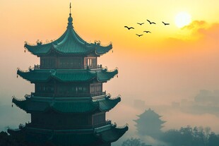 落日下的中式古塔与飞鸟