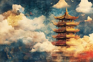 梦幻中式楼阁浮于云海间