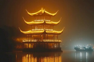 湖畔古亭夜景灯火璀璨