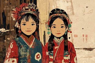 两个少数民族小姑娘
