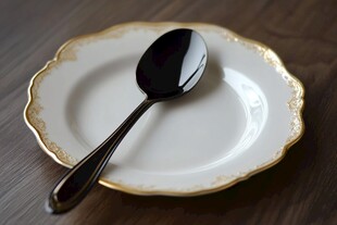 金边瓷盘配黑勺优雅餐具