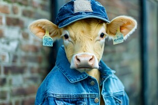 穿牛仔装戴帽的可爱小牛