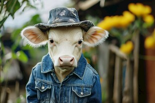 戴帽穿牛仔衣的可爱小牛
